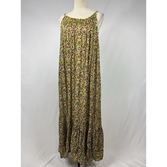 By Anthropologie Maxi Dress Citron Green Pink Floral Paisley Print Large - Picture 2 of 10